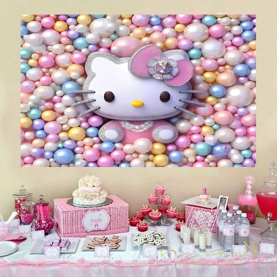 Sanrio 1 pièce Bannière décorative d'arrière-plan pour fête d'anniversaire avec chat boule de dessin animé mignon. Parfait pour décorer une salle de fête ou une chambre à coucher. Accessoires pour photobooth thème de dessin animé. Taille: 82,7 * 59,1 * 39,4 / 39,4 * 29,5 pouces