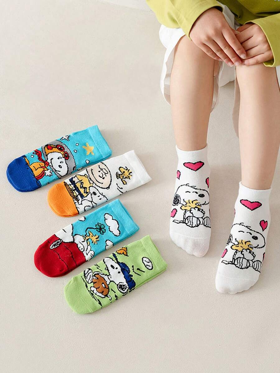 SNOOPY 5 paar Snoopy Cartoon kindersokken, halfhoge meisjessokken, ademende jongenszomersokken, student peuter enkelsokken