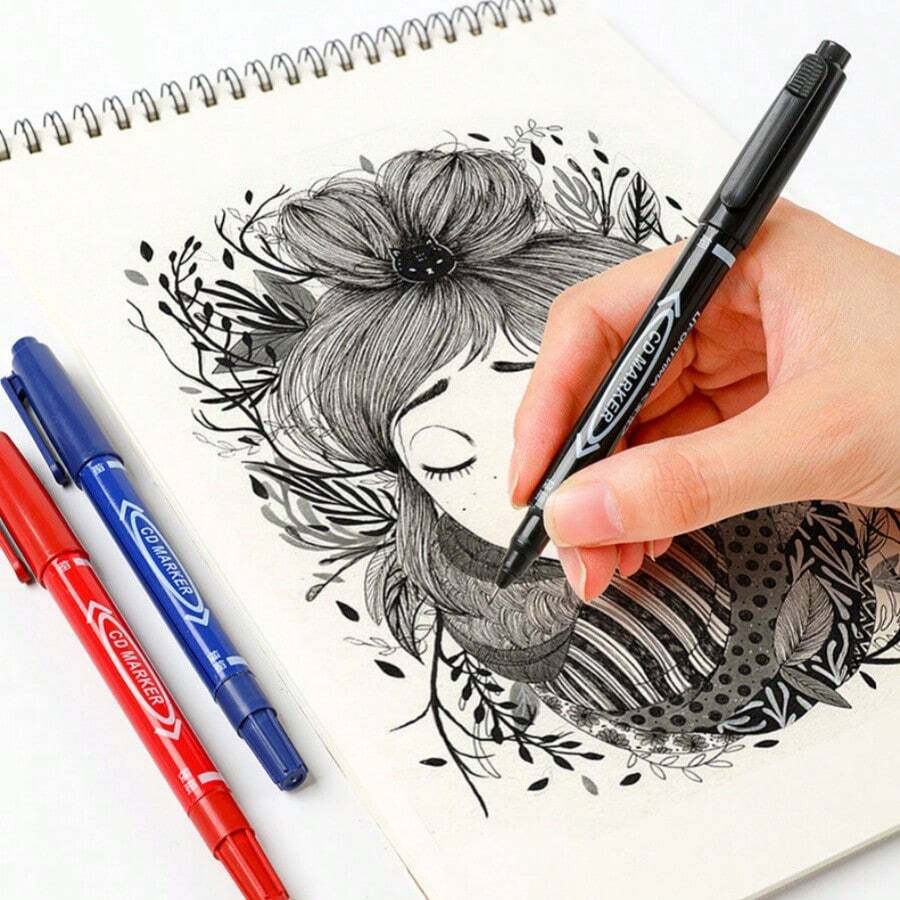 1pc/Multipurpose Non-Washable Double-Headed Lining Pen, Stationery Oil-Based Waterproof Marker Pen, Fade-Resistant, Marking & Signature Pen, Black Fine-Tip Courier Pen, Smooth Writing, Fade-Resistant, Suitable For Graffiti, Coloring, Applicable For School, Office, Factory Use