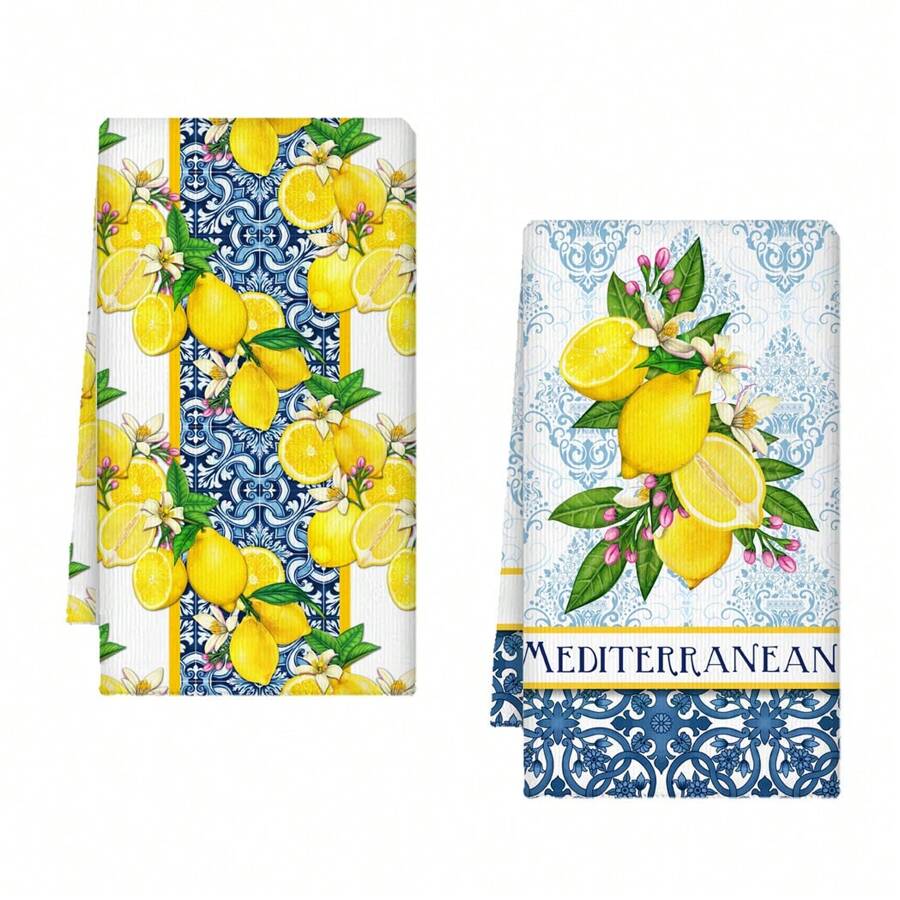 2 pièces Serviettes de cuisine imprimées citron, 45 x 70 cm, décor de cuisine de ferme au motif citron bleu et jaune en aquarelle, serviette à main pour le printemps et l'été