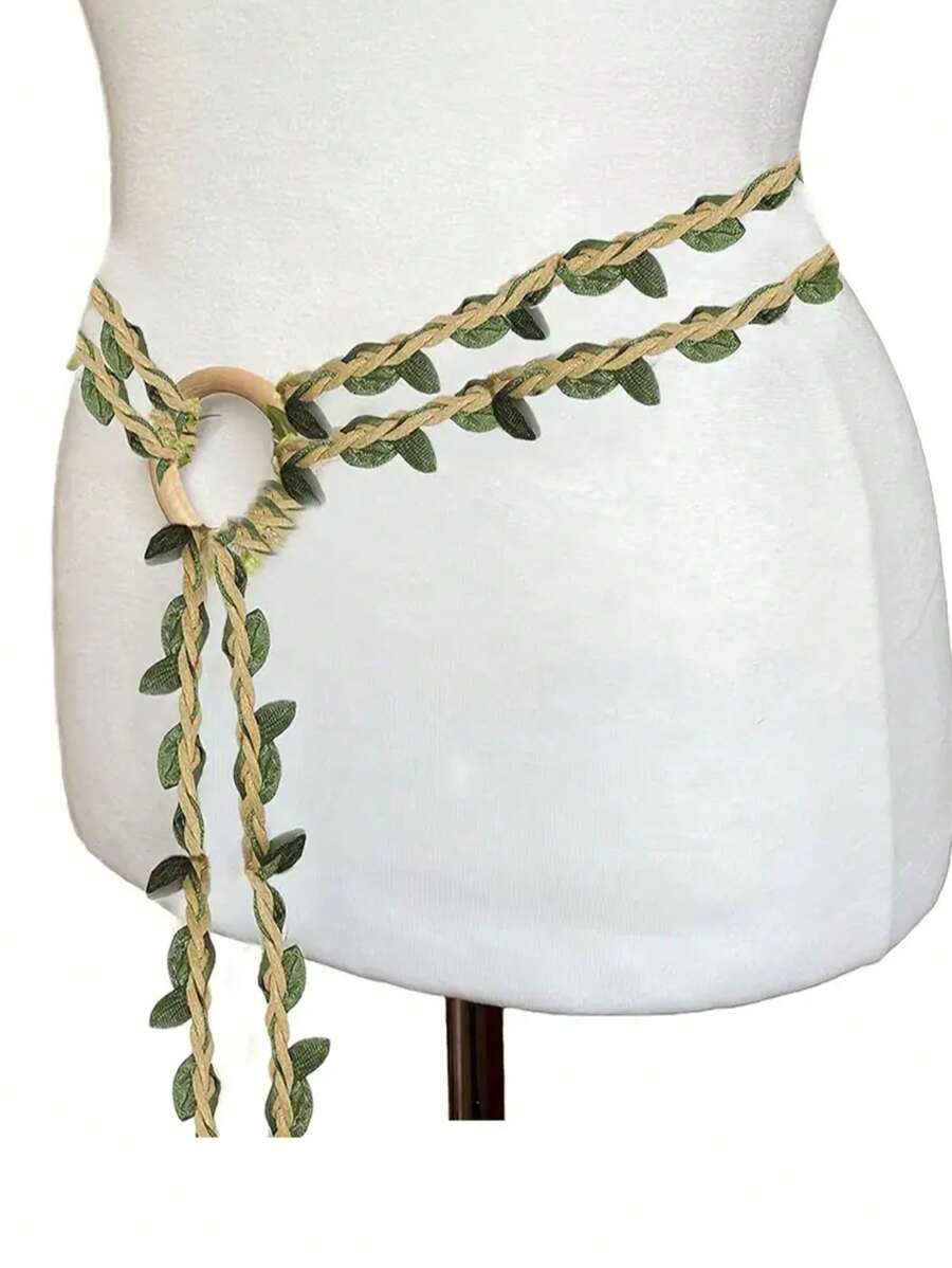 Cinturón medieval renacentista, cinturón tejido a mano de hojas verdes de lino para verano, escuela, otoño, Halloween