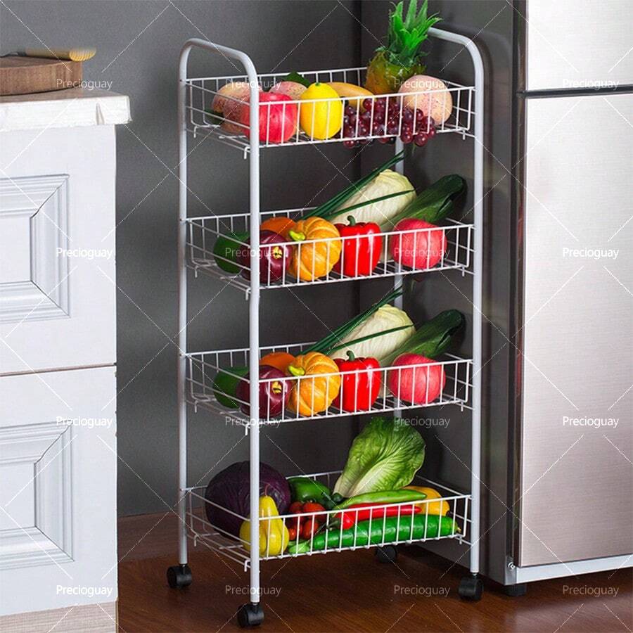 Estante para vegetales de 4 pisos de metal blanco, estante para cosas sueltas, estante móvil con ruedas