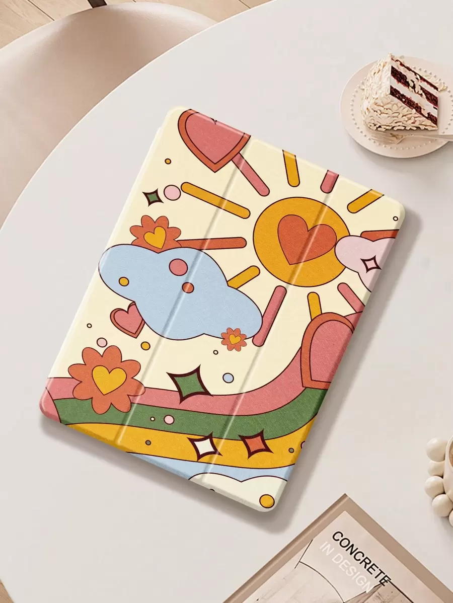 Cartoon Heart Flower Flat Beschermhoes Compatibel met iPad Air4/5 10.9 Inch, iPad 7/8/9th 10.2 Inch, Ingebouwde Pensleuf Compatibel met Samsung Tab S6 10.4 Inch, Tab A7 Lite 8.7 Inch, Ins Stijl Leren Hoesje, Terug Naar School, Valentijnsdag, Nieuwjaarscadeau