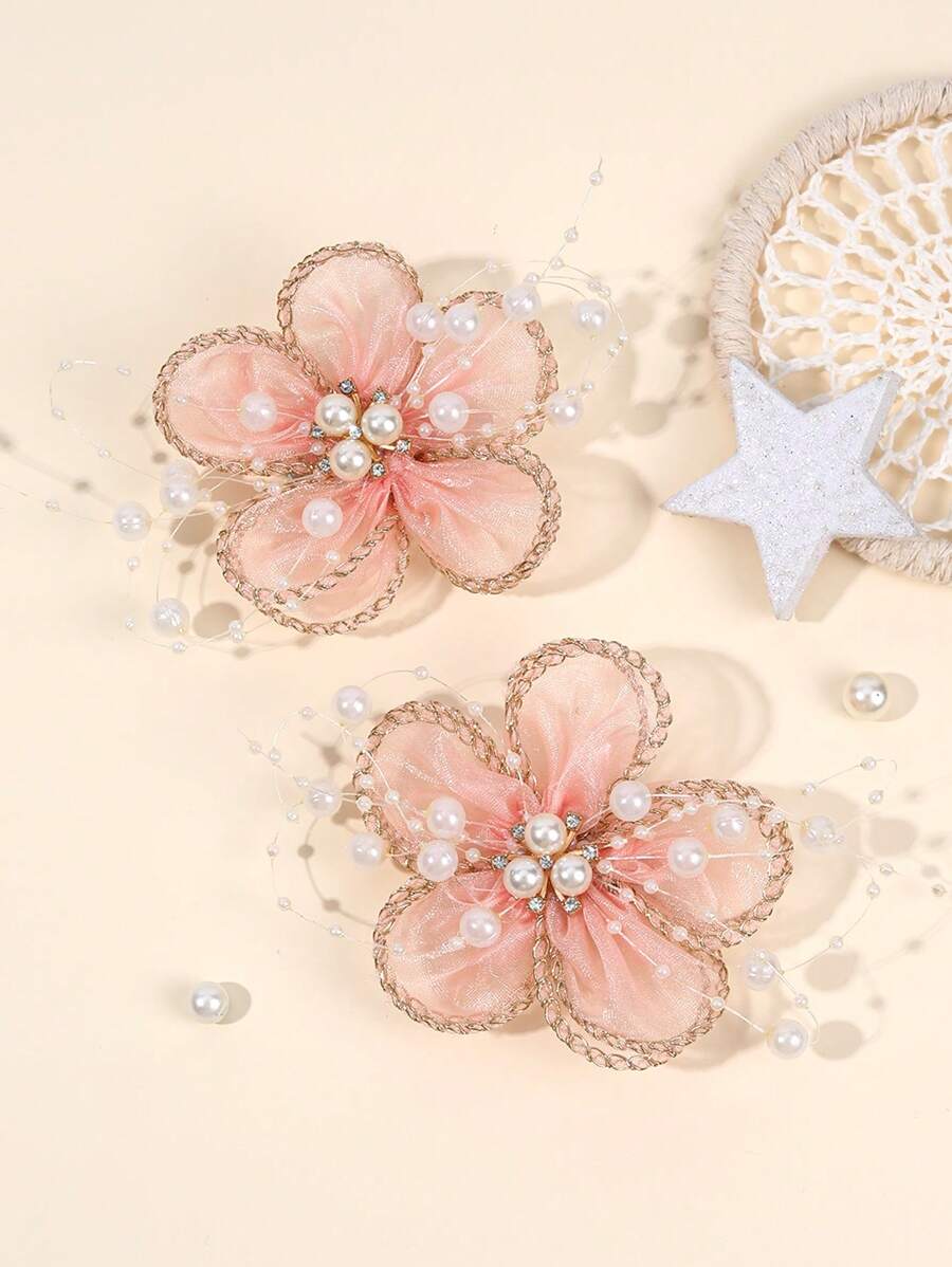 2pcs Pink Hair Clips For Women Girls Solid Color Mesh Flower Alligator Clips With Pearl Elegant Gold Edge Mesh Floral Hair Clips Pearl Flower Hair Clips Wedding Party Holiday Gifts Barrettes Women Hair Accessories