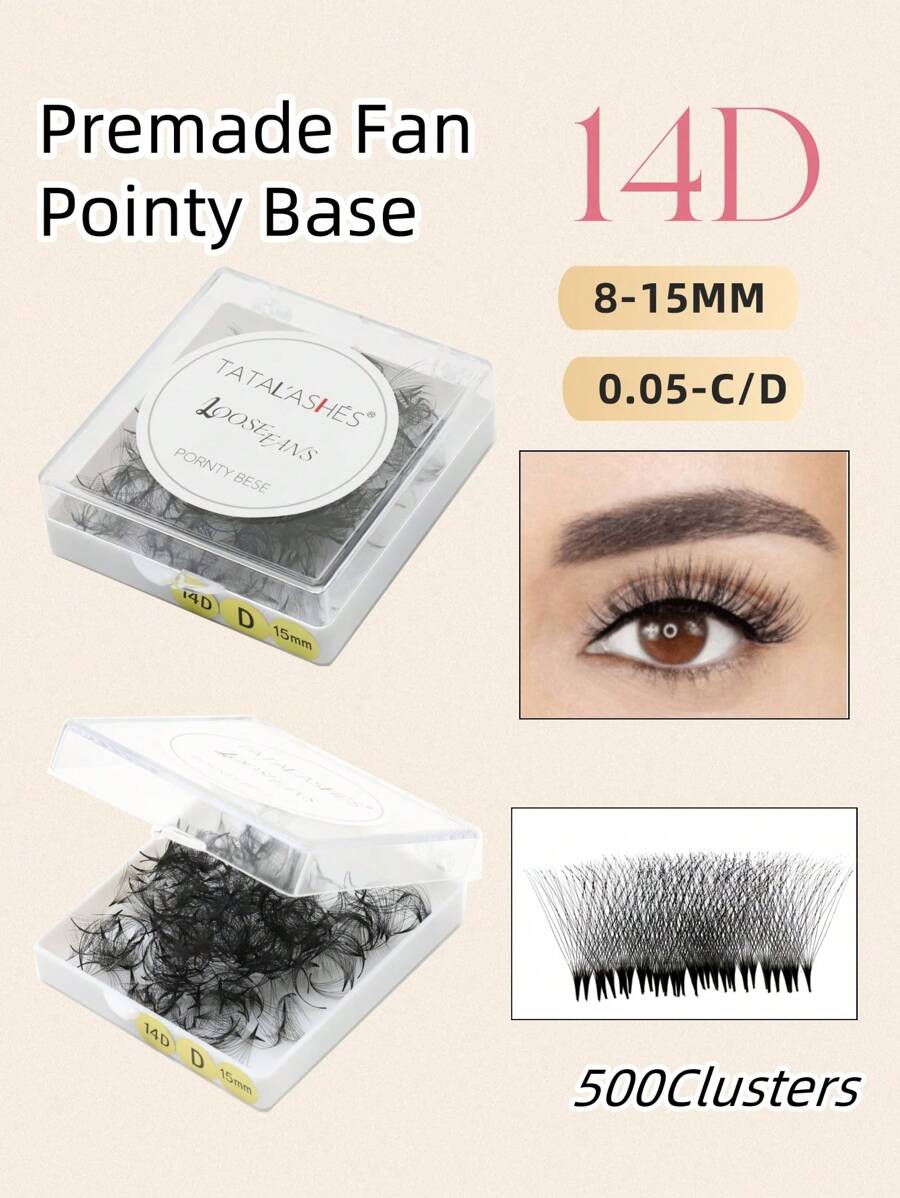 Caja de 500 abanicos de pestañas TATALASHES de 0,05 mm de espesor, 14D, pestañas postizas sueltas de volumen premodelado, base puntiaguda, delgadas y afiladas