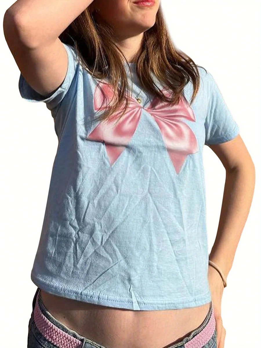 Women's Summer Tops Casual Short Sleeve Crew Neck Bow Print T-Shirts Blouses Streetwear