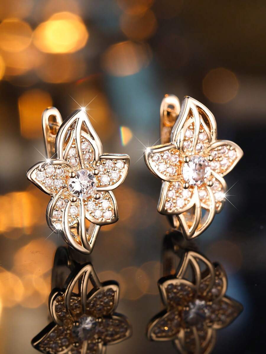 1 Pair Cute Multi-Color Cubic Zirconia Flower Hoop Earrings, Charming Wedding Jewelry Gift For Women