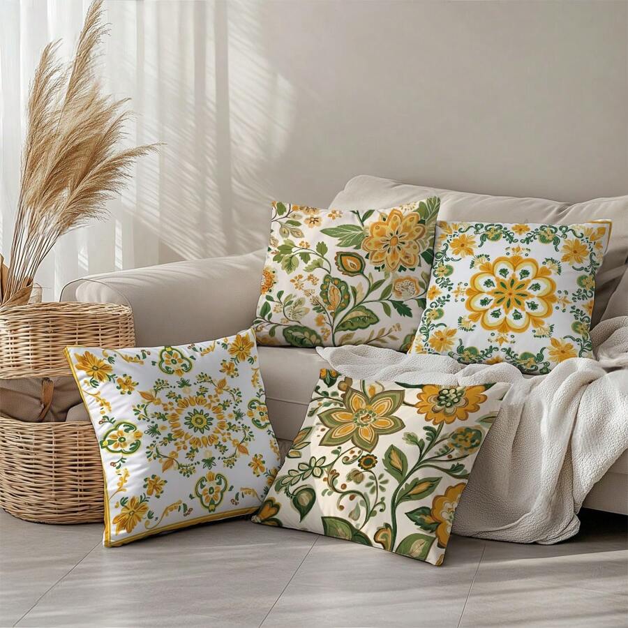 4pcs/Set Symmetric Yellow Floral Cushion Cover, Single-Sided Printed Peach Velvet Material, 45*45CM/18*18inch, Decorative Throw Pillow Case For Modern Fabric Sofa, Indoor Decor, Party Decor, Gift
