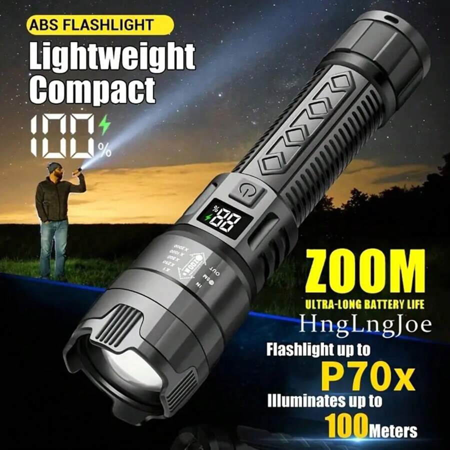 1pc Strong Light LED Flashlight,Portable Waterproof RechargeableTorch, Type-C Rechargeable Multifunctional Zoom Telescopic Flashlight For Outdoor Hiking Emergency Camping