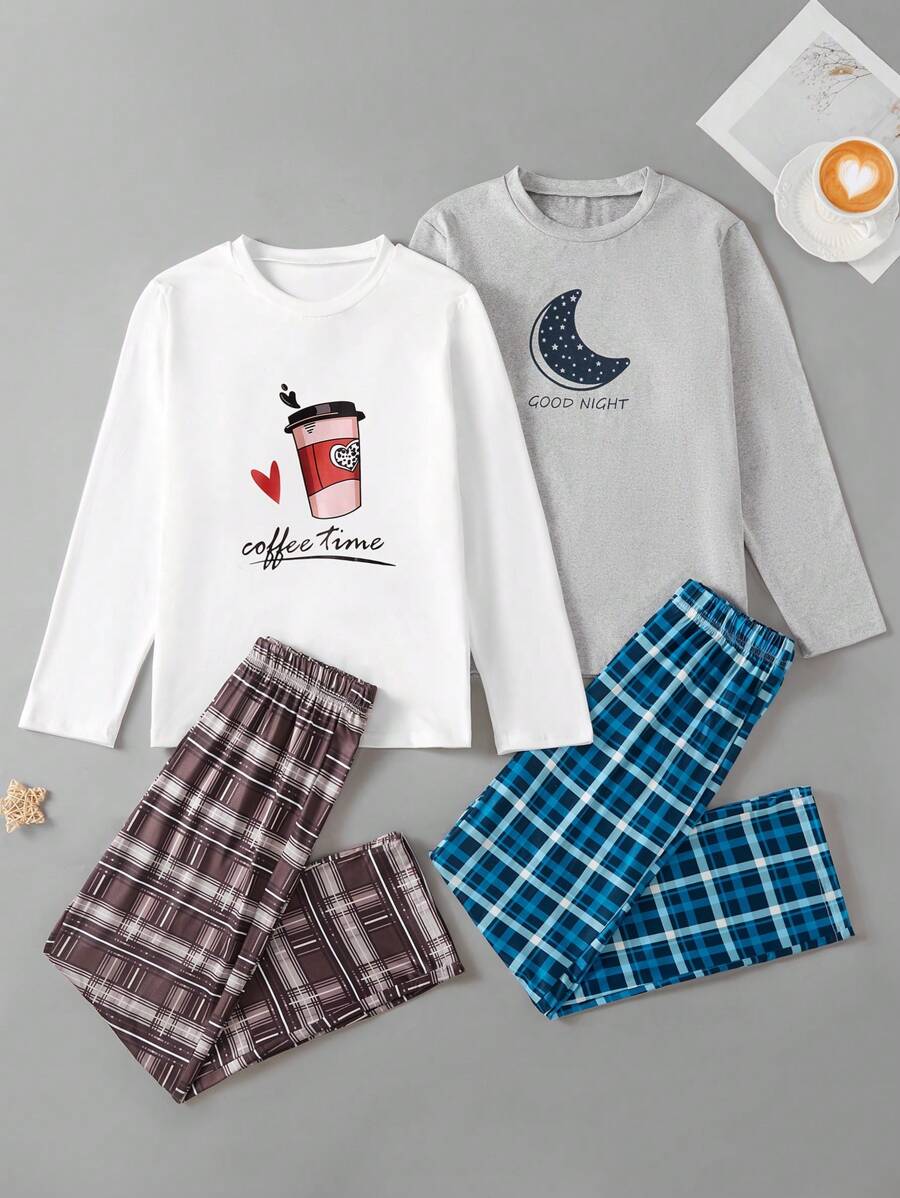 A 4-Piece Set Of Fashionable Casual Boys' Home Clothes, Featuring A Perfect Combination Of Moon Goodnight And Coffee Time Patterns, Paired With Casual Checkered Pants And A Round Neck Long Sleeved Top. Comfortable Fabric, Suitable For Daily Wear At Home And While Walking Dogs