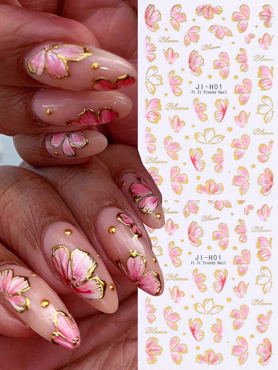 2 fogli di adesivi per unghie con fiori di ciliegio bronzati, bordo in pizzo dorato, petali rosa floreali primaverili 3D, decorazioni per manicure fai-da-te, affascinanti