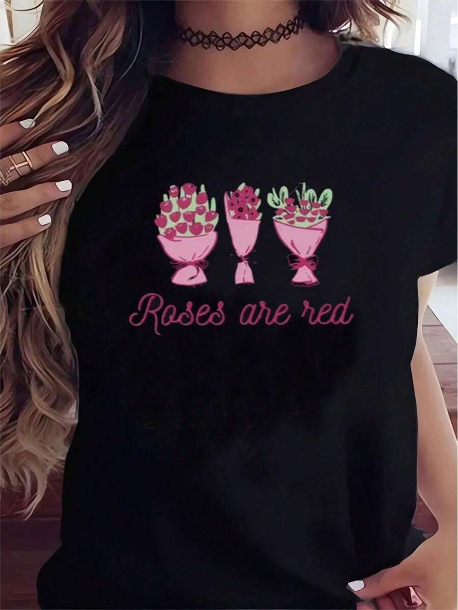Rose Red Valentine's Flowers Print Novelty Tee Casual Crew Neck Comfortable For Outdoors Activities And Casual Wear, Father's Day, Mother's Day, New Year, Spring Festival, Valentine's Day, Independence Day, Birthdays, Parties, Gifts, Christmas, Halloween
