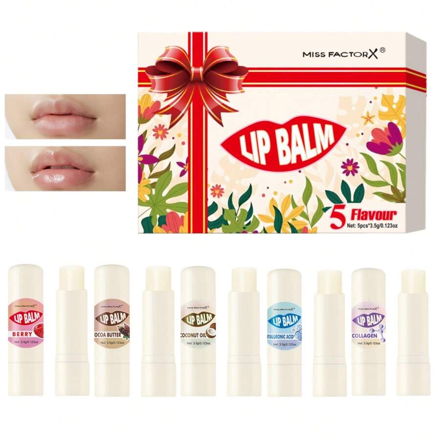 MISS FACTORX 5pcs/Box Premium Gift Set: Lip Balm Set With Hyaluronic Acid, Long-Lasting Moisturizing & Glossy, Suitable For Dry Lips, Great Gift For Women, Unique Mother's Gift