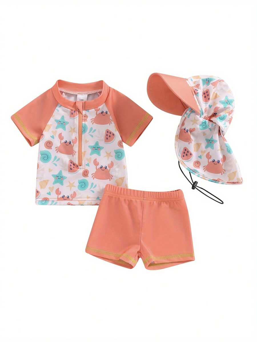 Boys Three Piece Rash Guard Swimsuits Kids Short Sleeve Dinosaur Tops Shorts Swimwear Sets With Sun Hat