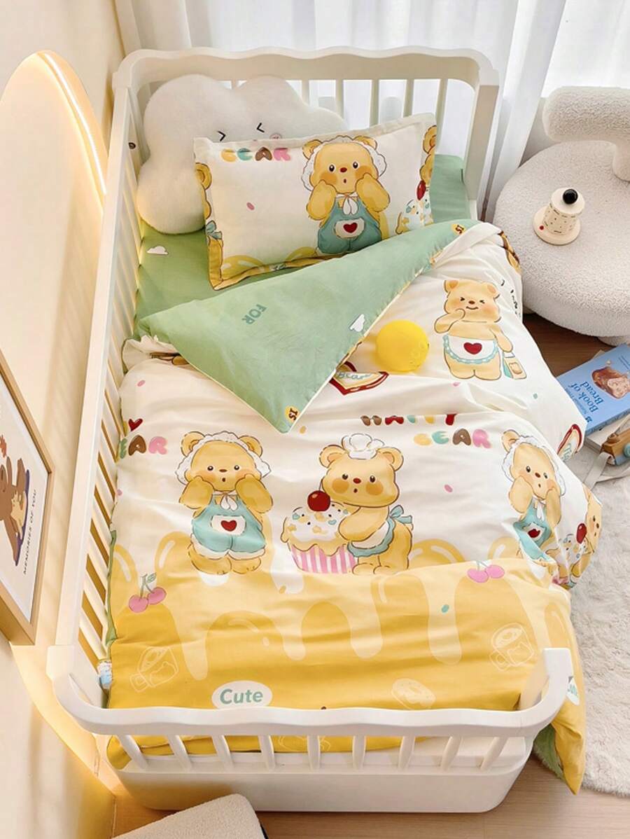 3pcs/Set Cartoon Bear & Dinosaur Printed Bedding Set, Tropical Rainforest Style, Suitable For Nursery, Kindergarten Nap Mat, Children's Bedroom, Includes 1 Duvet Cover (47*59in), 1 Pillow Sham (23*53in), 1 Pillowcase (11*19in) (Without Filler)