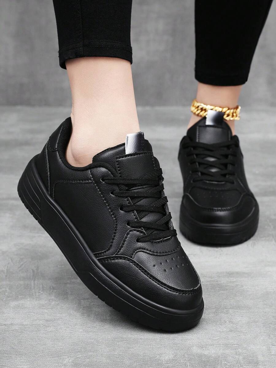 Women's Fashion Sneakers, Solid Color, Lightweight, All-Season Wear, Synthetic Leather, Fabric Lining, Fabric Insole, Casual Skateboarding Shoes