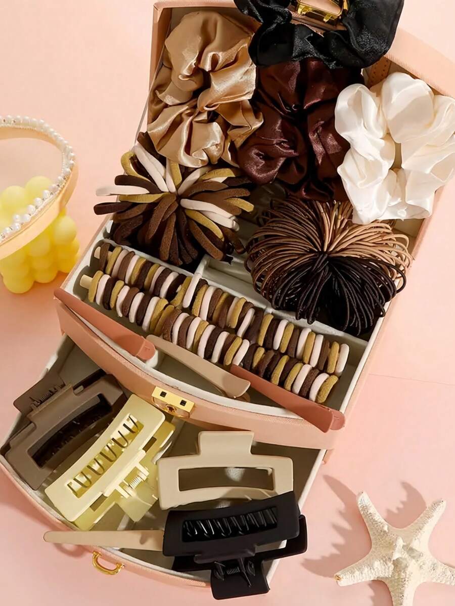 VBOOR 262 Pieces/Set Chocolate Color Hair Accessories Set, Including Hair Scrunchies, Square Gear Clip, Straight Clip, Hair Rope, Hair Bundle, Etc. - Suitable For Ladies And Girls, Daily Styling Essential - Elegant And Intellectual Headdress, Suitable For Daily Life And Party - 2025 New Fashion