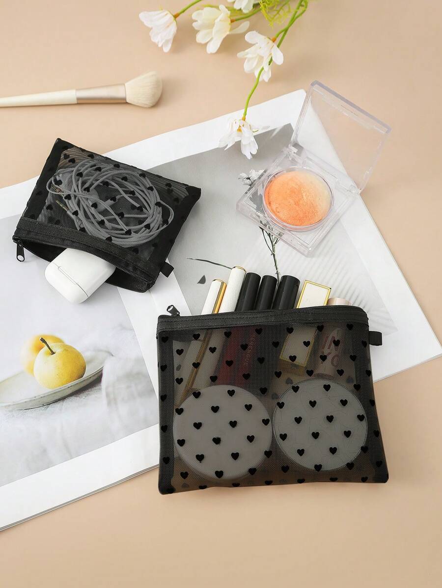 1 pieza Bolsa de maquillaje de malla con estampado de corazón para viajes, organizador portátil de brochas de maquillaje y estuche para guardar lápices labiales para mujeres (negro) para bolsa de almacenamiento de viaje, bolsa de maquillaje, estuche de cosméticos, organizador de vacaciones, organizador de maquillaje de gran capacidad, estuche de maquillaje, para lápices labiales, brochas, cuidado de la piel, teléfono móvil, monedas, artículos pequeños, para uso en el hogar, regalo, vacaciones y festivales de Halloween y Navidad, uso multifuncional, vibraciones bohemias, para vacaciones en la playa, colección de baño, colección de dormitorio, gran capacidad