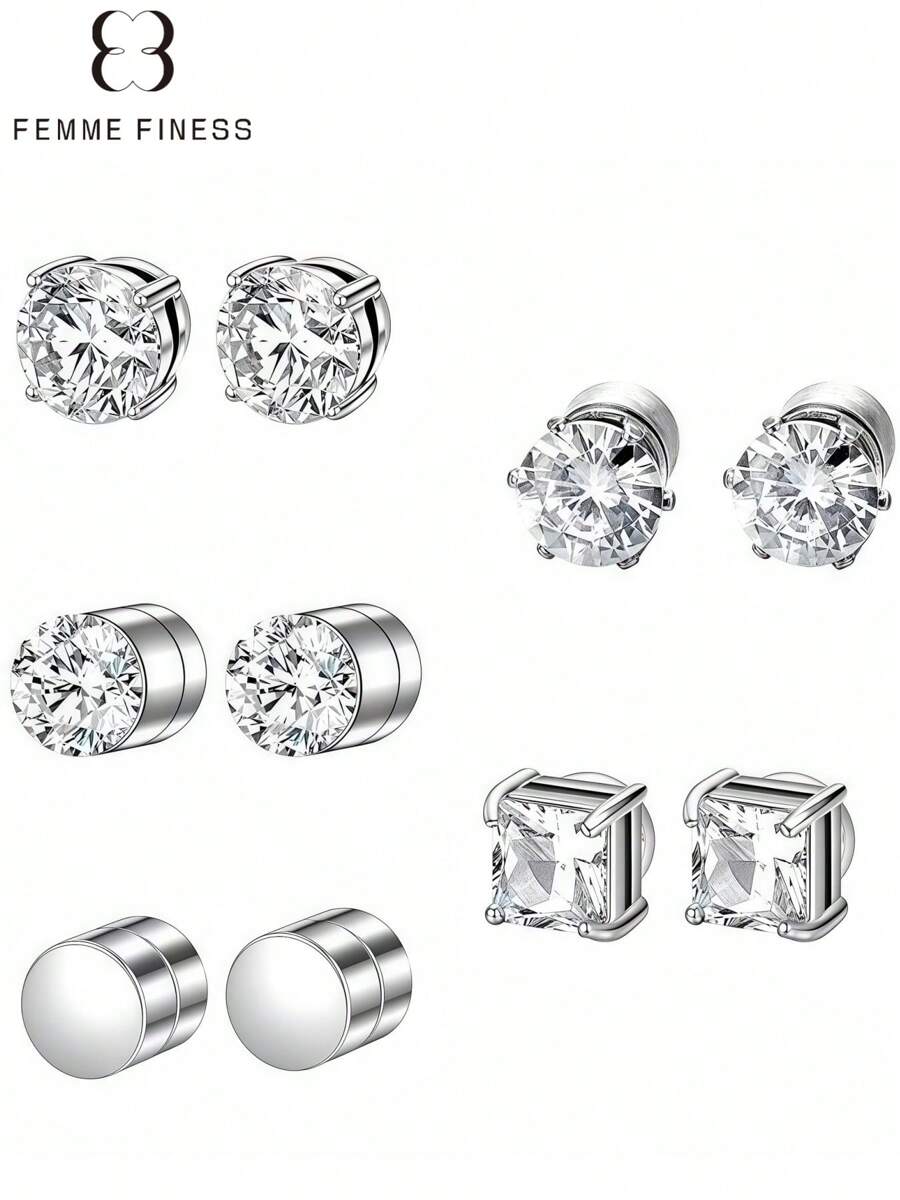 Femme Finess Juego de pendientes magnéticos de acero inoxidable para hombres y mujeres, estilo AB, de doble cara, sin perforación, con combinación de pendientes de pareja, circonita cúbica hipoalergénica de 5-8 mm