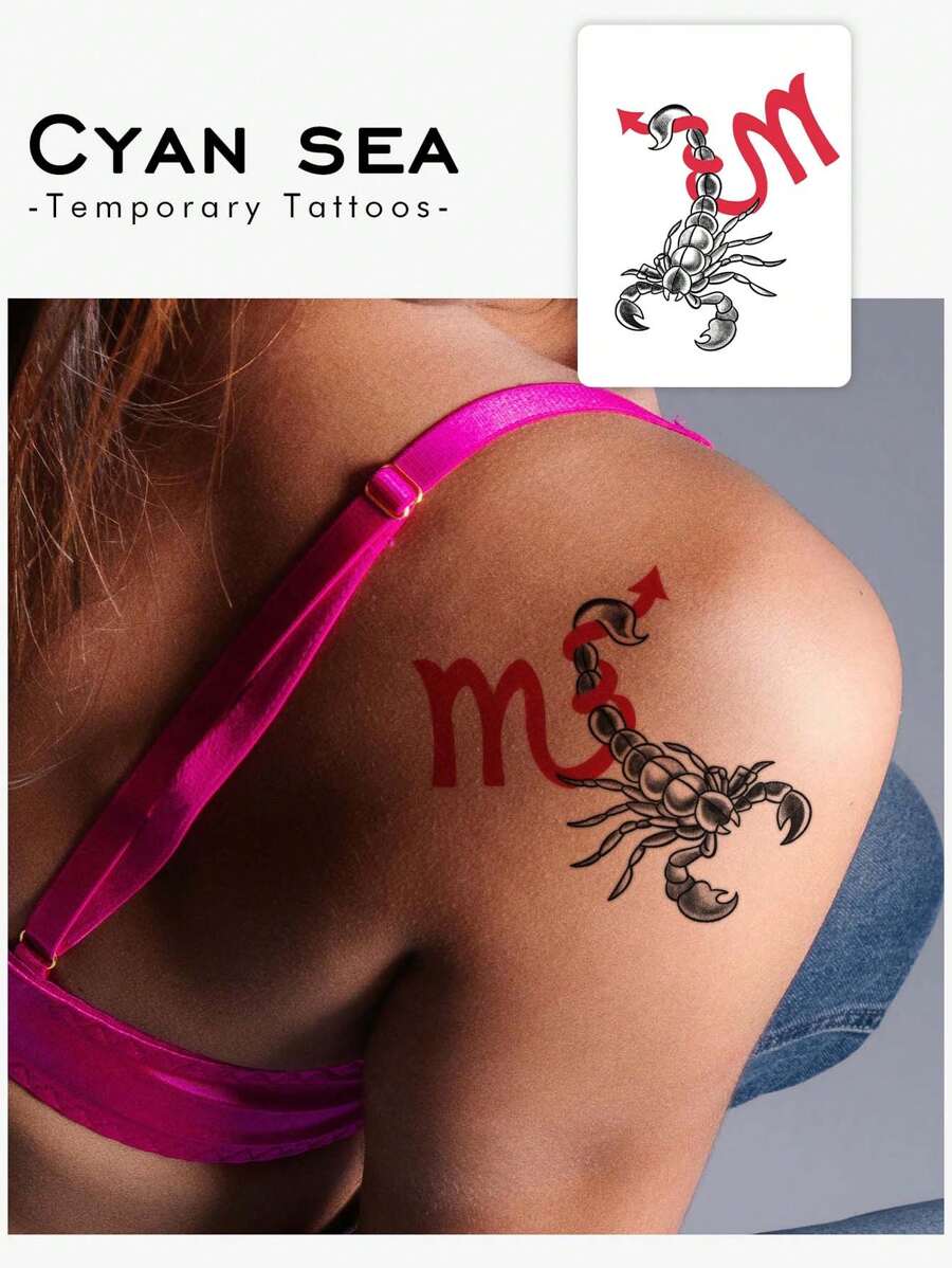 1pc Arrow, Letter, Black Scorpion Temporary Tattoo Sticker, Waterproof, Sweat-Resistant, Washable, Non-Reflective Faux Tattoo, Suitable For Fashion Enthusiasts On Thigh, Arm