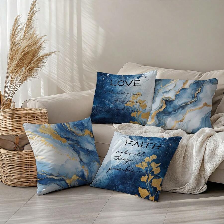 4 pièces Ensemble de taies d'oreiller simples et quotidiennes au motif bleu doré marbré, en tissu velours pêche imprimé sur un côté, 45*45CM/18*18 pouces. Housse de coussin pour décoration de canapé moderne d'intérieur, décoration de fête, cadeau