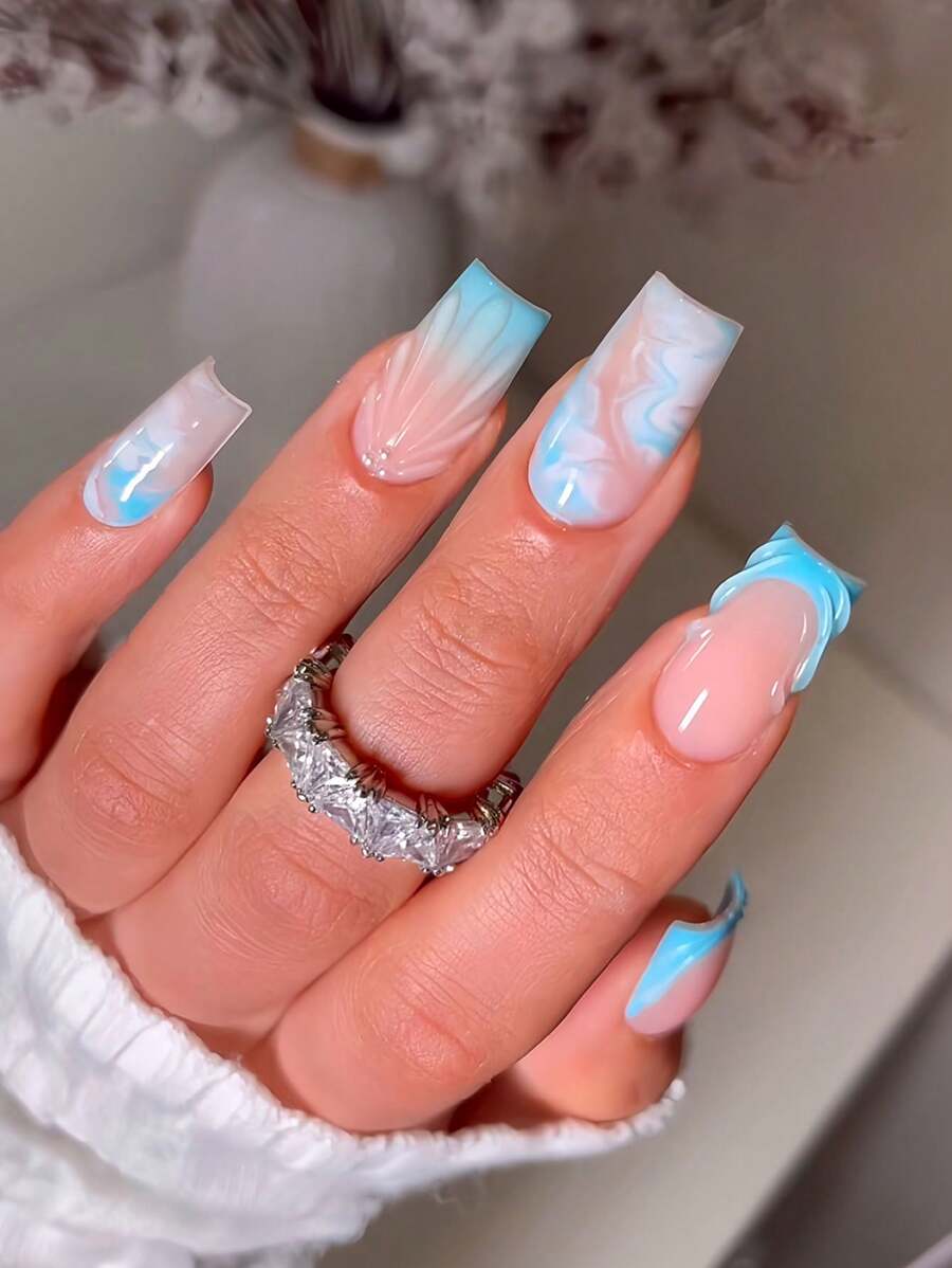 1 Box Of 24pcs Coffin Shaped French Manicure Nails, Blue White Ombre Marble Texture, 3D Striped & Shell Pattern Press On Nails Set, Removable Designed For All Girls And Women, Comes With Nail File
