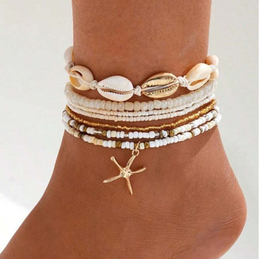 1 Set New Ocean Series Design Versatile 5-Star Braided Shell Beaded Chain Jewelry Set For Women