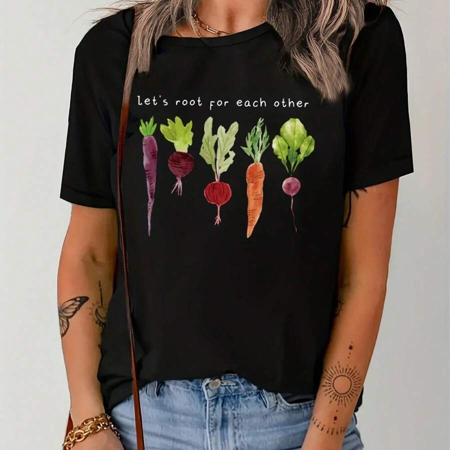 Women's Short Sleeve Vegetable Print T-Shirt - Summer Casual Top For Stylish Comfort.