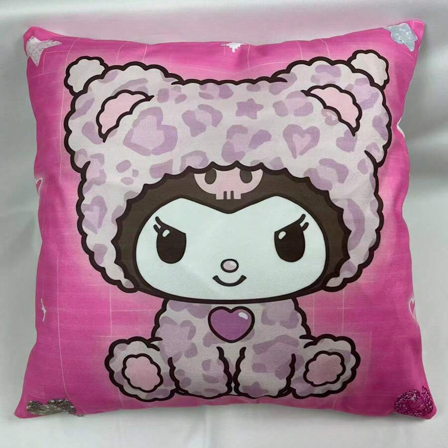 Sanrio 1pc Sanrio Kuromi X Hello Kitty Cartoon Decorative Pillow Cover, Featuring Asymmetrical Lines Design With Kuromi In Furry Coat, Cute And Minimalist Style, Soft Material, Removable And Washable, Size: 40x40cm, 45x45cm, 50x50cm (No Filler), Single-Sided Print, Suitable For Sofa, Car, Bedroom, Living Room