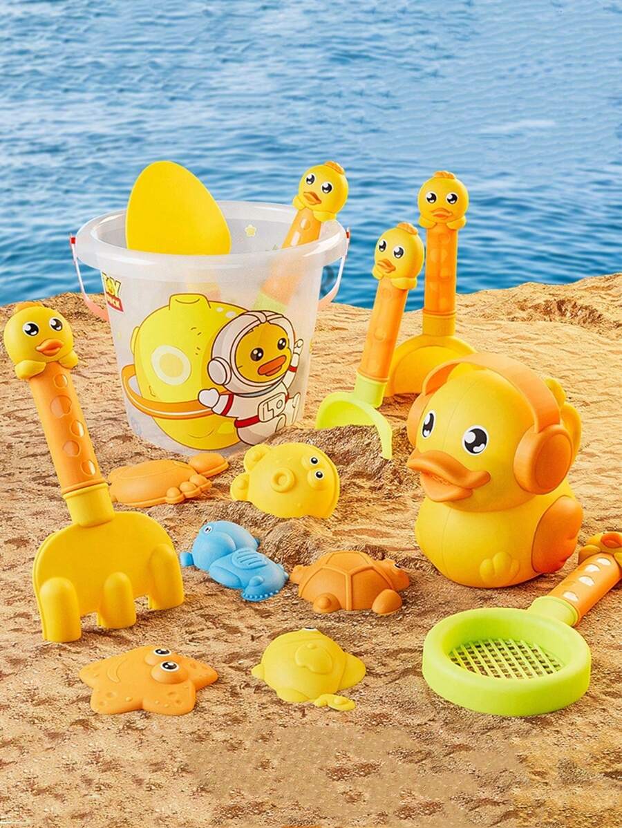 14pcs/Set Random Color Yellow Duck Beach Toys Set, Beach Sand Toys Include Bucket, Shovel, Beach Games & Accessories (Color & Accessories Random)