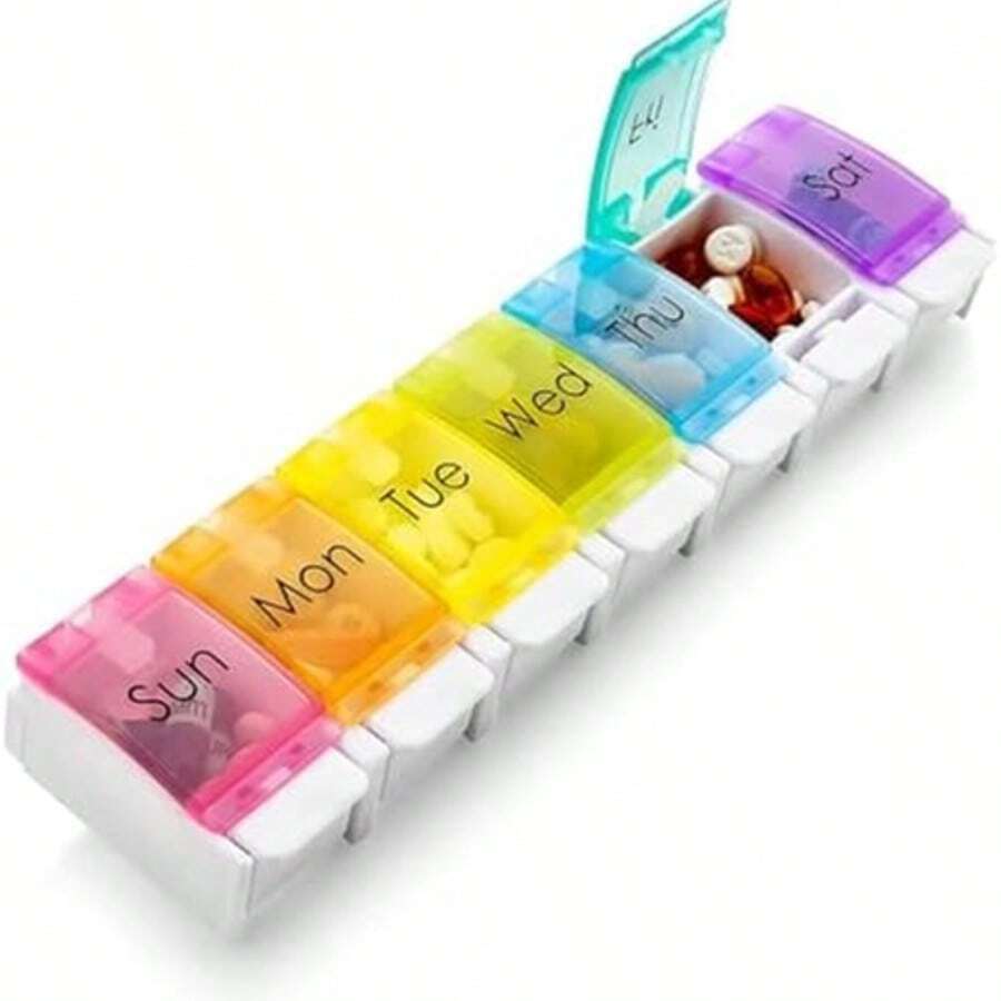 1 pieza Caja de medicamentos de 7 días, 7 compartimentos, 7 días a la semana, 7 colores, fácil de abrir/almacenar, gran capacidad/puede almacenar vitaminas en el bolsillo, conveniente a prueba de humedad, adecuado para viajes y uso por personas mayores