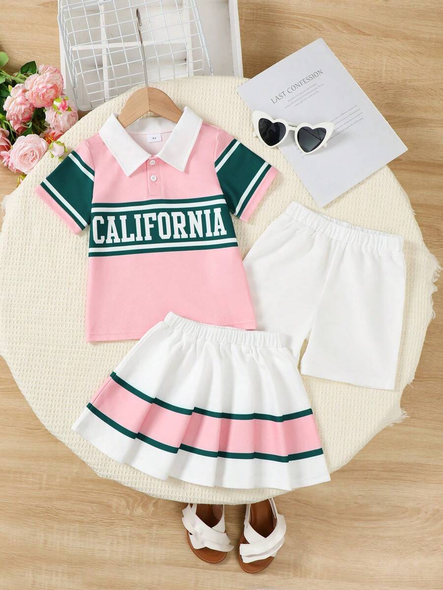 3 stuks/set meisjes casual outfit - polo shirt + A-lijn rok + shorts, school stijl sportieve chique veelzijdige set
