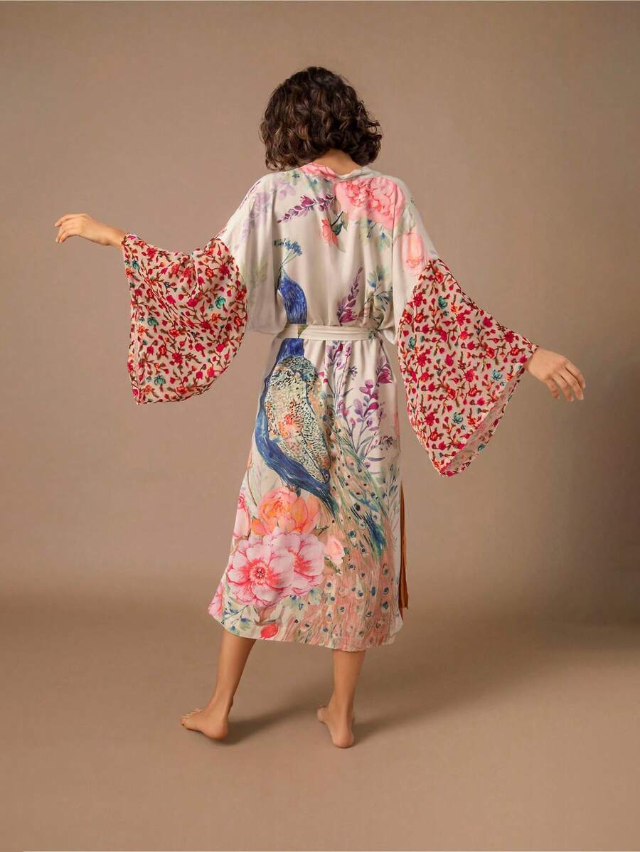 Oversized Retro Style Mid-Length Kimono Cover Up, Beach Cover Up Swimsuit Wrap For Plus Size, Summer