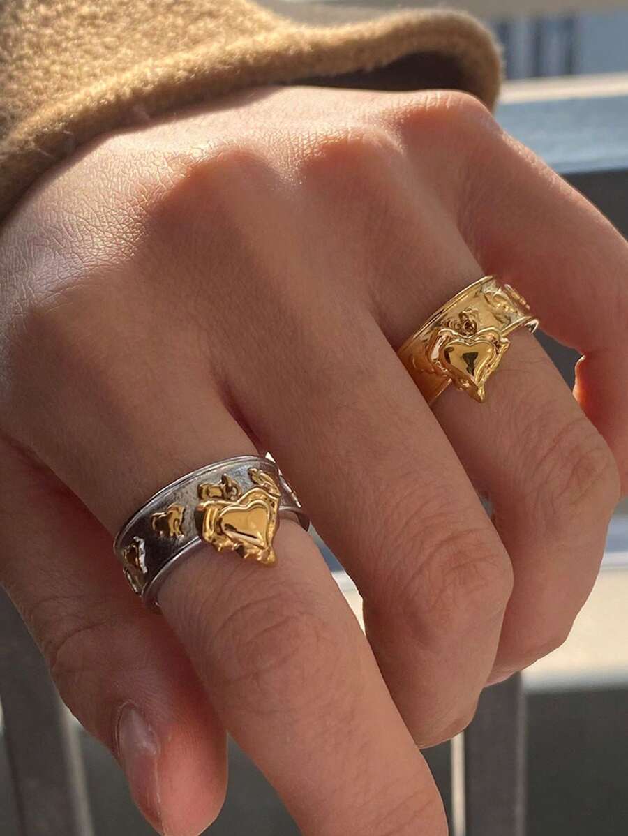 Uworld 1Pc Women's Fashion Heart Pattern Ring Liquid Metal Style Heart Pendant Stainless Steel Ring 18K Gold Plated Suitable For Daily Wear Parties And Festivals