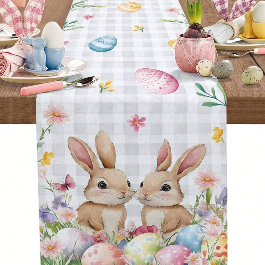 1PC Easter Table Runner Bunny Egg Tablecloth Spring Floral Grey Buffalo Plaid Dresser Scarf Kitchen Table Decoration Easter Holiday Dinner Party Coffee