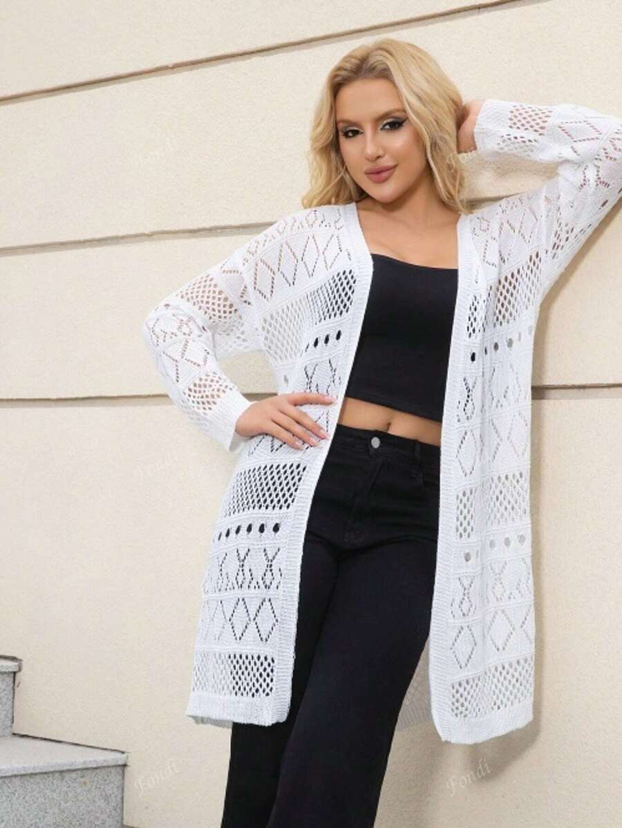 Cardigan estivo con apertura frontale lavorato a maglia, traforato, per vacanza in spiaggia, per taglia comode