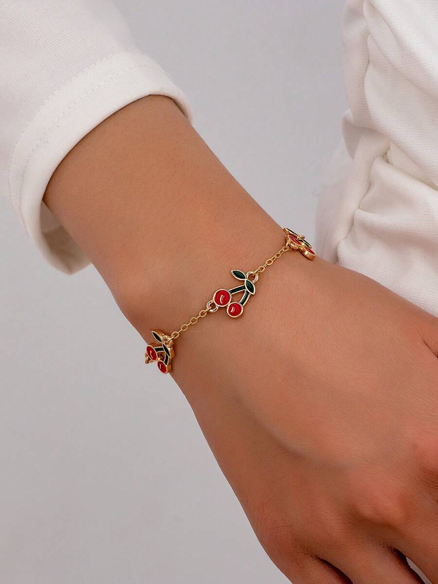 1 pieza Brazalete esmaltado con diseño de cereza de primavera/verano, joyería de brazaletes para mujeres