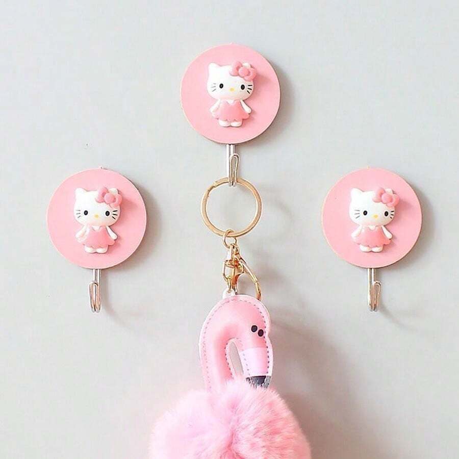 Sanrio 2pcs/Set Hello Kitty Cartoon Cute Wooden Strong Adhesive Wall Hook, Creative No-Drill Hooks For Keys, Towels, Bathroom & More Gifts Birthday Graduation