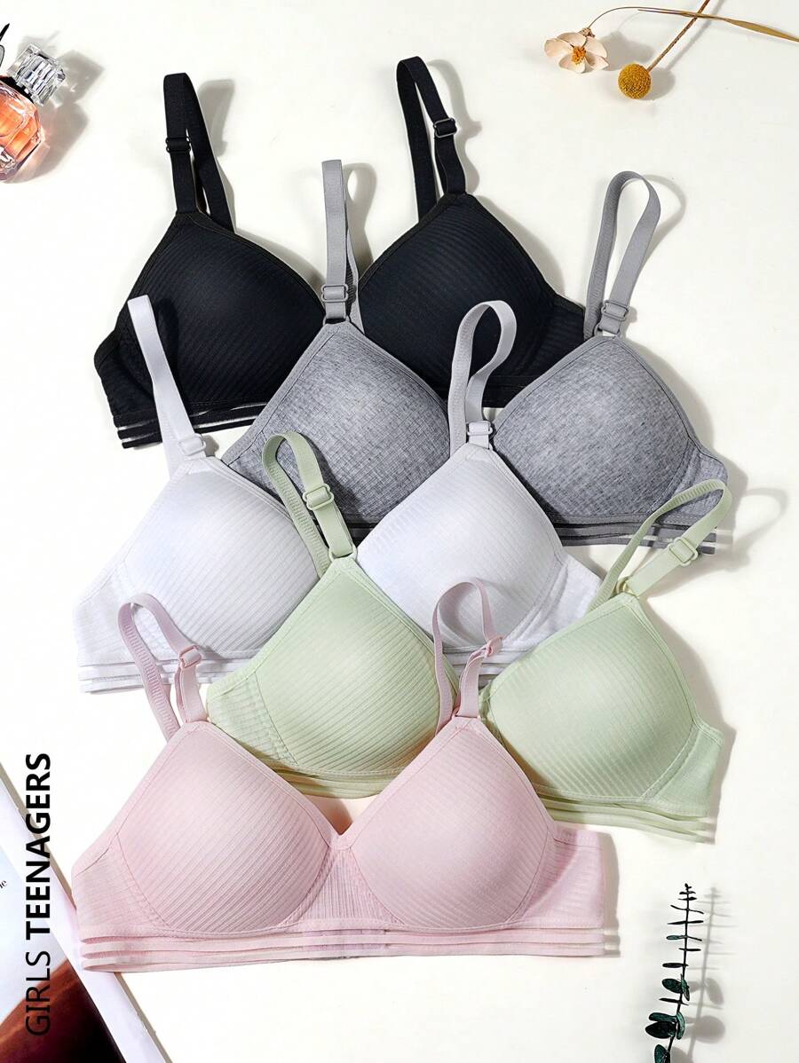 5 PCS Girls Teen Underwear Comfortable Breathable Bra Fixed Triangle Coaster Growing Girls Underwear Suitable For 13-16 Years Old