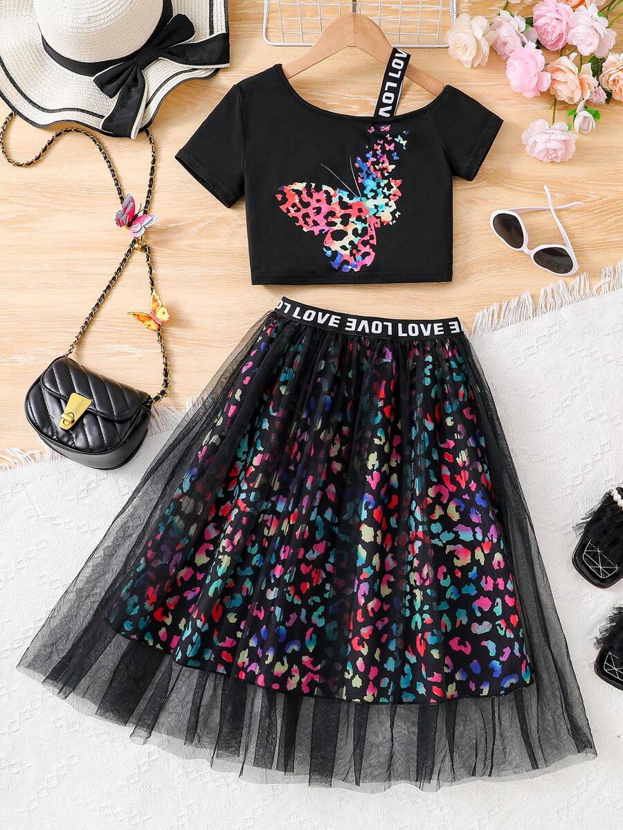 2 buc/Set ținute casual de vară în aer liber pentru fete, tricou cu mânecă scurtă cu model fluture colorat și fustă din plasă cu lungime medie, respirabil și confortabil pentru adolescenți, potrivit pentru zilnic, călătorii, vacanțe