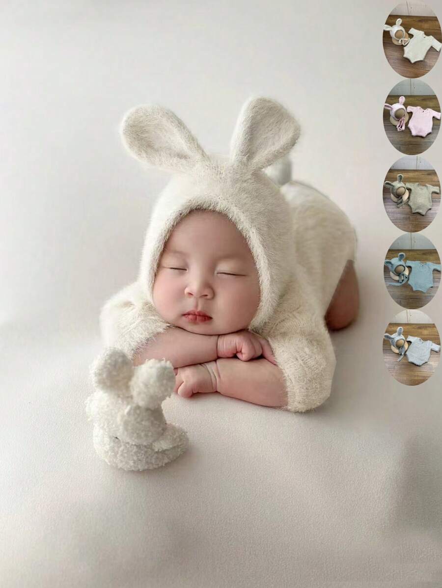 2pcs/Set Newborn Baby Photography Outfit, Soft Mink Velvet Bunny Ear Hat And Romper Set, Infant Growth Photography Props, Gift For Baby Boys & Girls