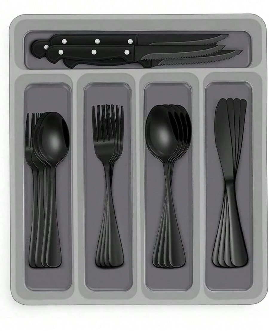 48-Piece Black Silverware Set With Organizer, Black Flatware Set With Steak Knives For Tainless Steel Tableware Cutlery Set, Mirror Finished Utensil Sets For Home Restaurant