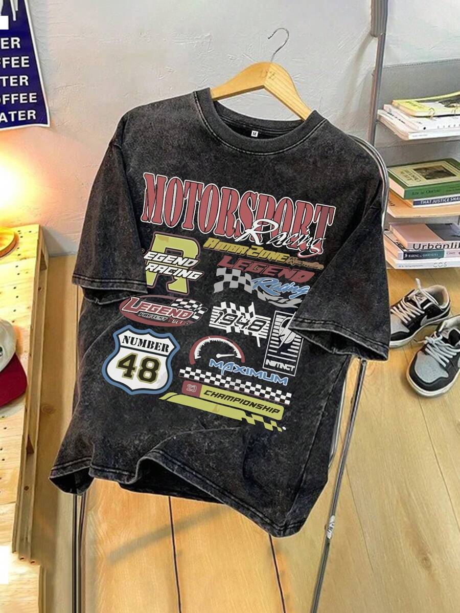 Camiseta Masculina Vintage Desgastada com Impressão de Letra de Corrida, Casual e Casual, Lavada, Decote Redondo