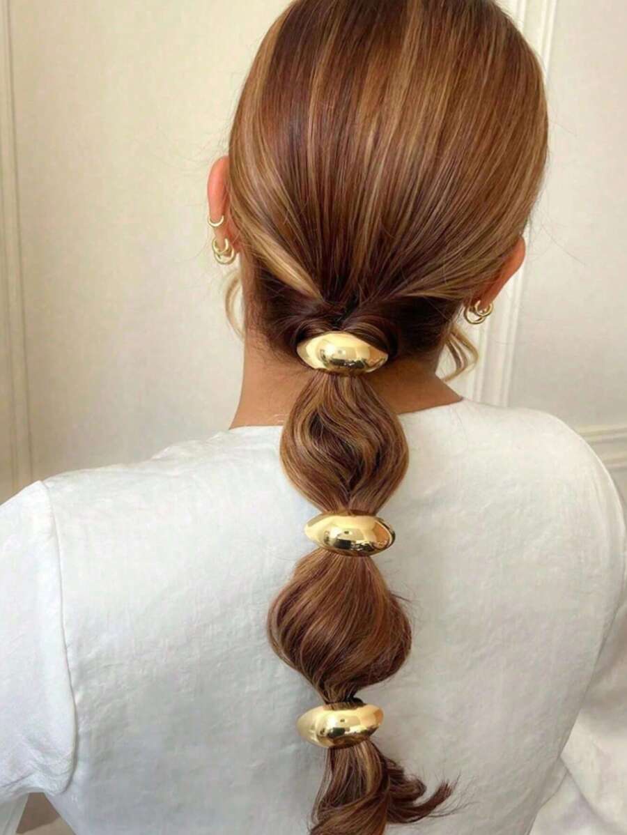 3pcs/ Elegant Metal Women's Geometric Hair Scrunchies, Luxury Style Ponytail Hair Tie Accessories, Minimalist Chic Fashion Hair Decor For Daily Casual, Glossy Knot, Rounded Top Ponytail Holder, Elastic Hair Ties For Women & Women Ponytail Holders