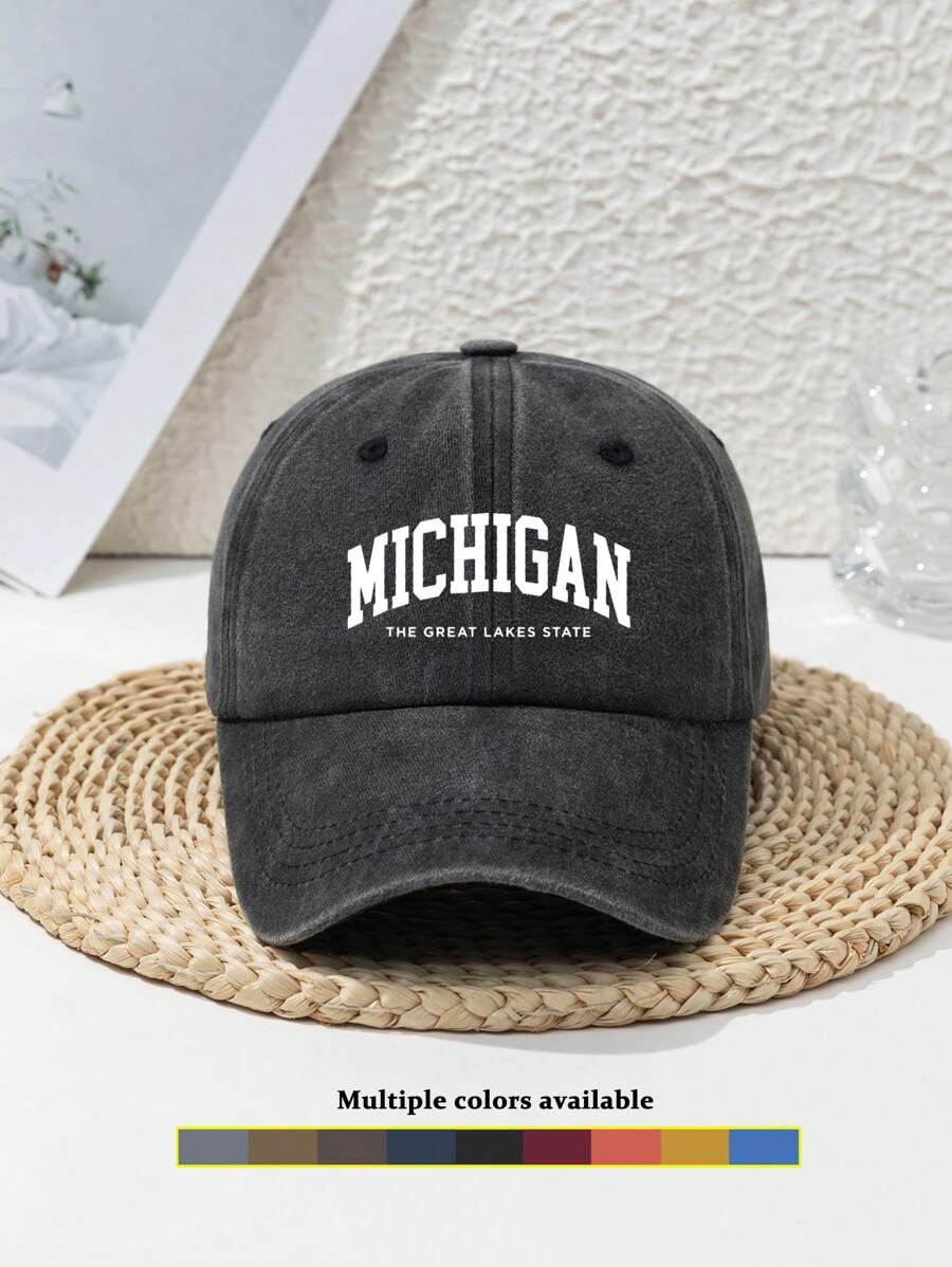 1pc Unisex Casual "Michigan The Great Lakes State" Washed Letter Printed Adjustable Baseball Cap, Outdoor Sports Fashion Streetwear Head Accessory, All Season