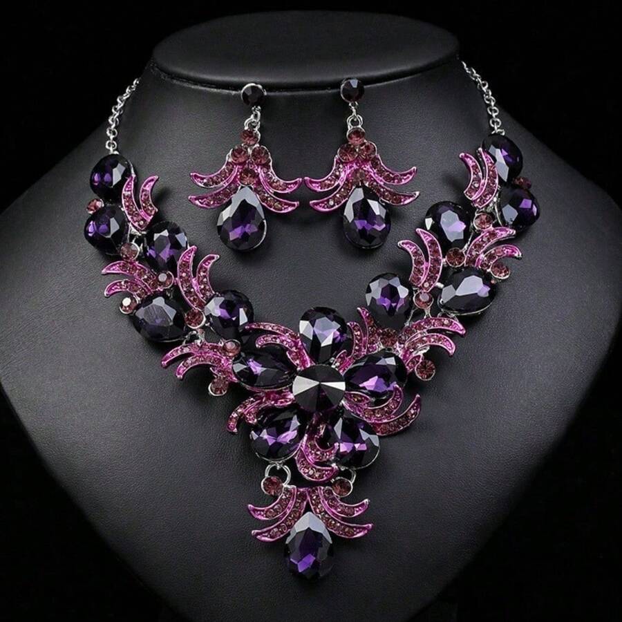 1 set de bijoux pour femme, collier et boucles d'oreilles 3 pièces, mariée, fête, mariage, ensemble de luxe à strass étincelants à la mode