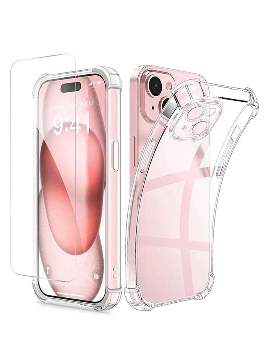1 pieza de vidrio templado + 1 pieza de funda transparente de teléfono móvil con agujero para airbag para 16 Promax16e 15 14 13 12 11 Pro Max X XS XR Mini 7 8 14 Plus, Protector de pantalla de vidrio para 14 15 Pro Max