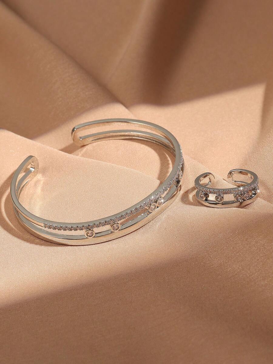 rakol 2 Stücke Set glänzender minimalistischer goldener runder Armreif & Ring Set, Alltagsschmuck Geschenke für Frauen