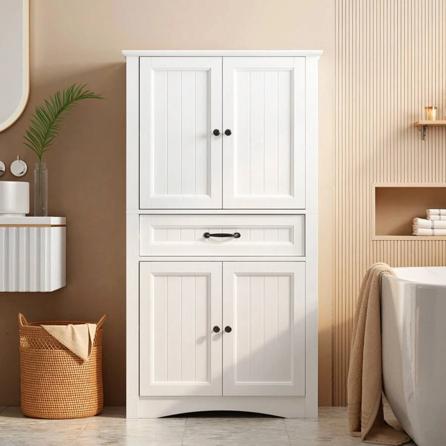 Garde-manger à 4 portes, armoire alimentaire avec un tiroir et quatre niveaux de rangement avec dispositif anti-basculement