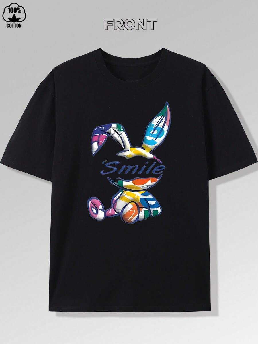 Easter Bunny Printed T-Shirt, Easter Shirt, Men's Casual Sports Short Sleeved T-Shirt, Round Neck, 100% Cotton, Comfortable And Breathable, Y2k, Suitable For All Seasons, 220g